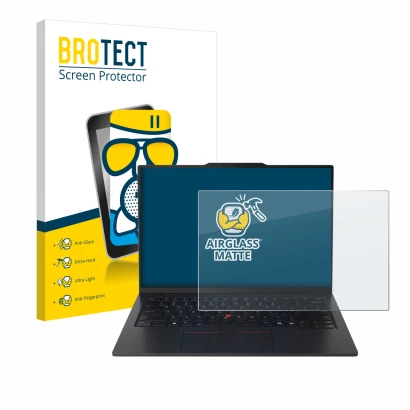 Parte frontale di una confezione del prodotto con il logo del marchio BROTECT. Accanto è raffigurato il dispositivo Lenovo Thi