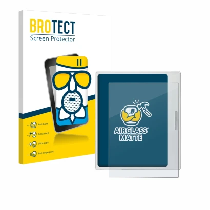 Parte frontale di una confezione del prodotto con il logo del marchio BROTECT. Accanto è raffigurato il dispositivo Boox Go Co