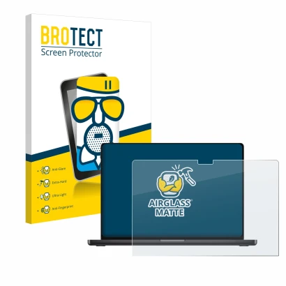 Parte frontale di una confezione del prodotto con il logo del marchio BROTECT. Accanto è raffigurato il dispositivo Apple MacB