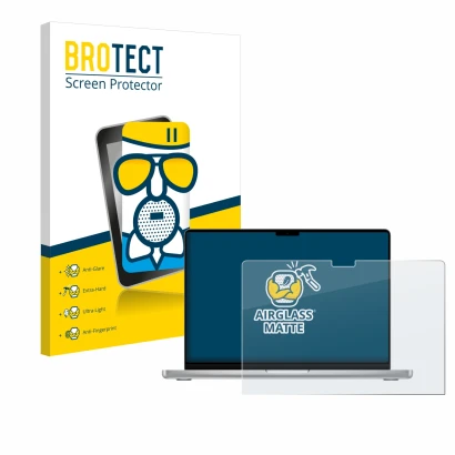 Parte frontale di una confezione del prodotto con il logo del marchio BROTECT. Accanto è raffigurato il dispositivo Apple MacB