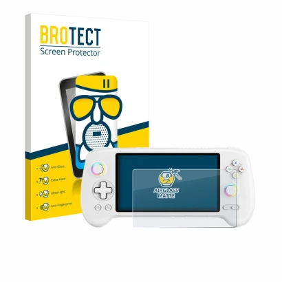 Parte frontale di una confezione del prodotto con il logo del marchio BROTECT. Accanto è raffigurato il dispositivo Anbernic R