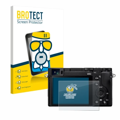 Parte frontale di una confezione del prodotto con il logo del marchio BROTECT. Accanto è raffigurato il dispositivo Sony RX1R 