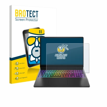 Parte frontale di una confezione del prodotto con il logo del marchio BROTECT. Accanto è raffigurato il dispositivo HP Omen Ma