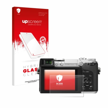 Parte frontale di una confezione del prodotto con il logo del marchio upscreen. Accanto è raffigurato il dispositivo Panasonic