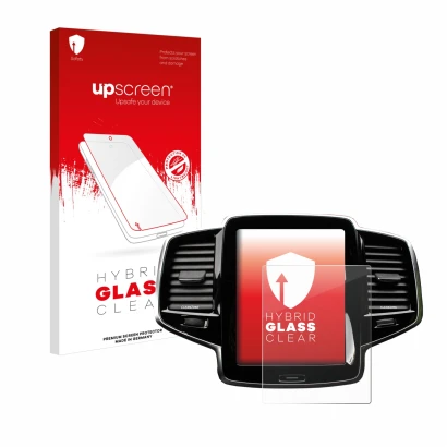 Parte frontale di una confezione del prodotto con il logo del marchio upscreen. Accanto è raffigurato il dispositivo Volvo XC9