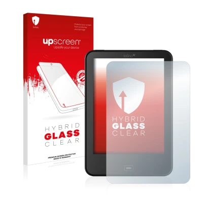 Parte frontale di una confezione del prodotto con il logo del marchio upscreen. Accanto è raffigurato il dispositivo Tolino Vi