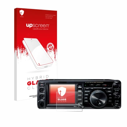 Parte frontale di una confezione del prodotto con il logo del marchio upscreen. Accanto è raffigurato il dispositivo Yaesu FT-