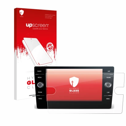 Parte frontale di una confezione del prodotto con il logo del marchio upscreen. Accanto è raffigurato il dispositivo Volkswage