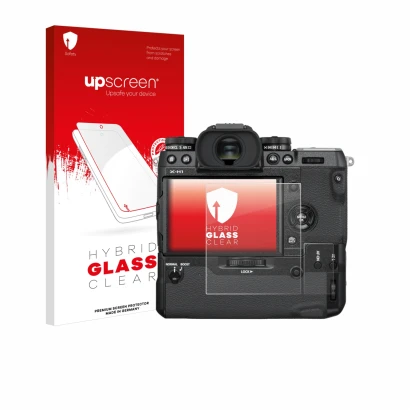 Parte frontale di una confezione del prodotto con il logo del marchio upscreen. Accanto è raffigurato il dispositivo Fujifilm 