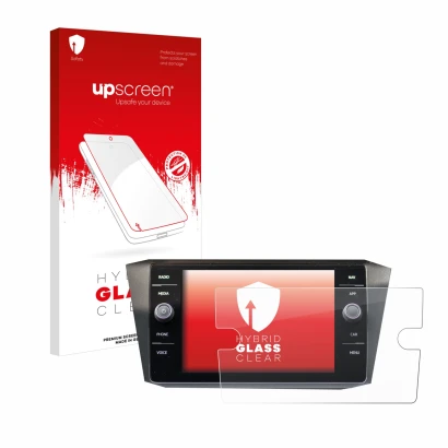 Parte frontale di una confezione del prodotto con il logo del marchio upscreen. Accanto è raffigurato il dispositivo Volkswage