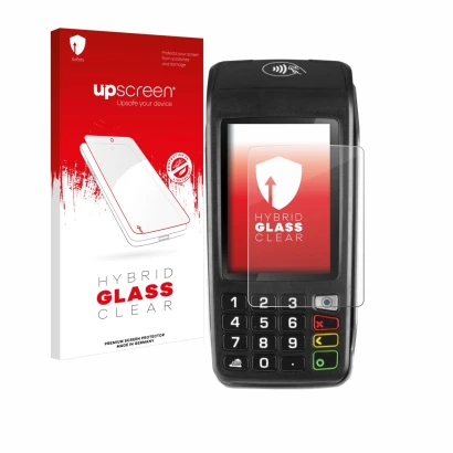 Parte frontale di una confezione del prodotto con il logo del marchio upscreen. Accanto è raffigurato il dispositivo ingenico 