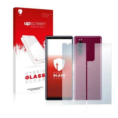 Parte frontale di una confezione del prodotto con il logo del marchio upscreen. Accanto è raffigurato il dispositivo Sony Xper