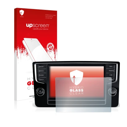 Parte frontale di una confezione del prodotto con il logo del marchio upscreen. Accanto è raffigurato il dispositivo Volkswage