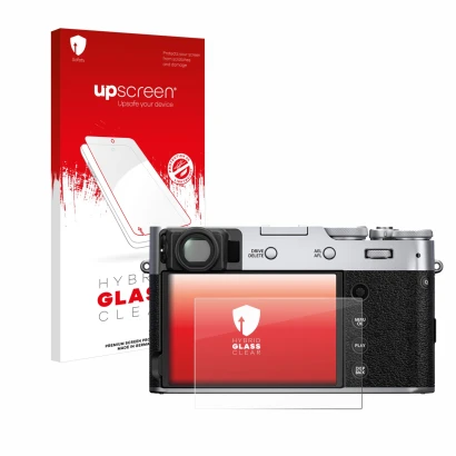 Parte frontale di una confezione del prodotto con il logo del marchio upscreen. Accanto è raffigurato il dispositivo Fujifilm