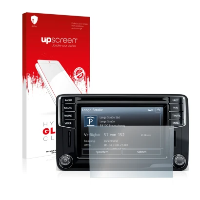 Parte frontale di una confezione del prodotto con il logo del marchio upscreen. Accanto è raffigurato il dispositivo Volkswage