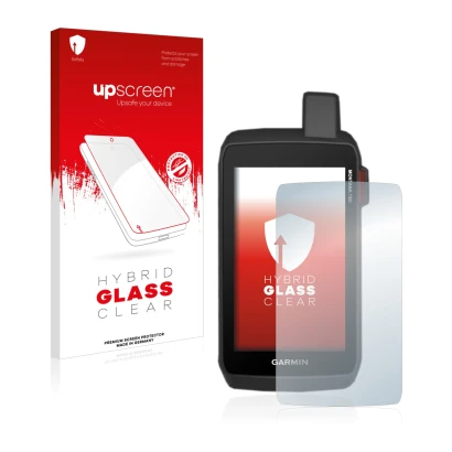 Parte frontale di una confezione del prodotto con il logo del marchio upscreen. Accanto è raffigurato il dispositivo Garmin Mo