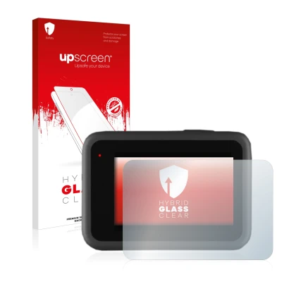 Parte frontale di una confezione del prodotto con il logo del marchio upscreen. Accanto è raffigurato il dispositivo GoPro Her