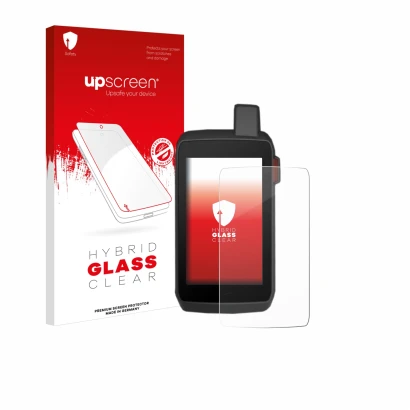 Parte frontale di una confezione del prodotto con il logo del marchio upscreen. Accanto è raffigurato il dispositivo Garmin Mo