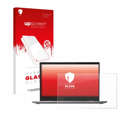 Parte frontale di una confezione del prodotto con il logo del marchio upscreen. Accanto è raffigurato il dispositivo Lenovo Th