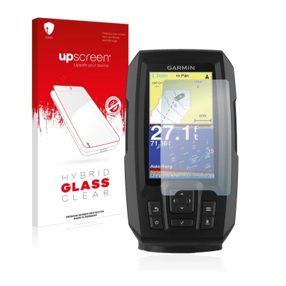 Parte frontale di una confezione del prodotto con il logo del marchio upscreen. Accanto è raffigurato il dispositivo Garmin St