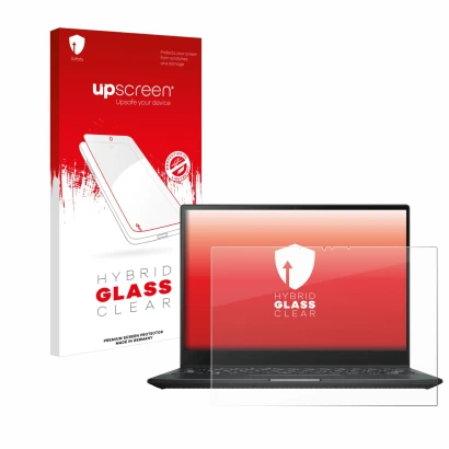 Parte frontale di una confezione del prodotto con il logo del marchio upscreen. Accanto è raffigurato il dispositivo ASUS Rog 