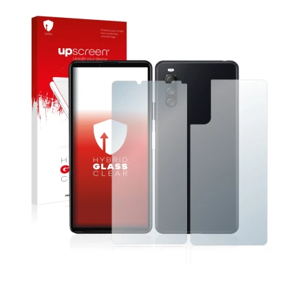 Parte frontale di una confezione del prodotto con il logo del marchio upscreen. Accanto è raffigurato il dispositivo Sony Xper