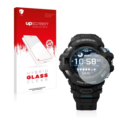 Parte frontale di una confezione del prodotto con il logo del marchio upscreen. Accanto è raffigurato il dispositivo Casio G-S