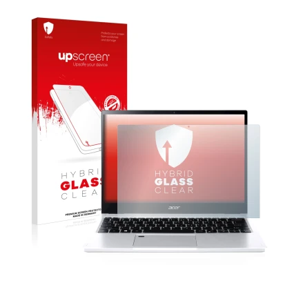 Parte frontale di una confezione del prodotto con il logo del marchio upscreen. Accanto è raffigurato il dispositivo Acer Spin