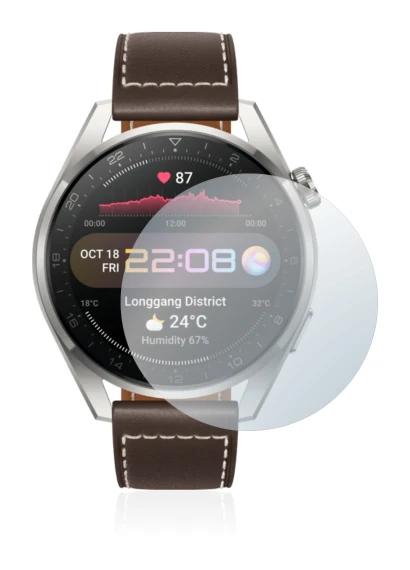 Immagine del dispositivo Huawei Watch 3 Pro con un'ampia varietà di protezioni per lo schermo.