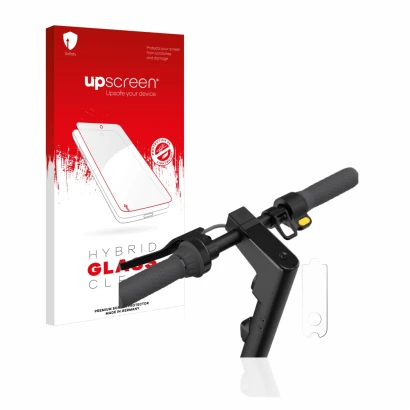 Parte frontale di una confezione del prodotto con il logo del marchio upscreen. Accanto è raffigurato il dispositivo Segway Ni