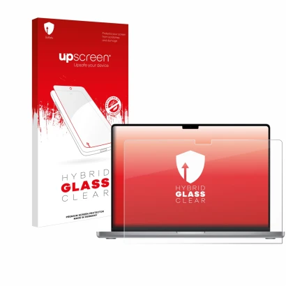 Parte frontale di una confezione del prodotto con il logo del marchio upscreen. Accanto è raffigurato il dispositivo Apple Mac