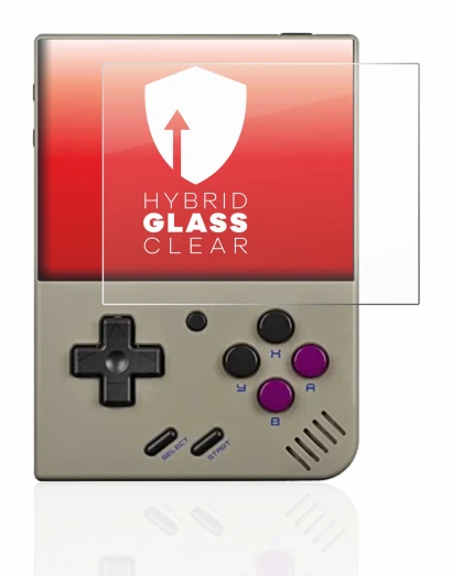 Immagine del dispositivo Miyoo Mini Plus con un'ampia varietà di protezioni per lo schermo.