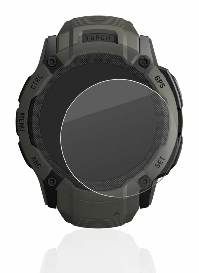 Immagine del dispositivo Garmin Instinct 2X Solar con un'ampia varietà di protezioni per lo schermo.