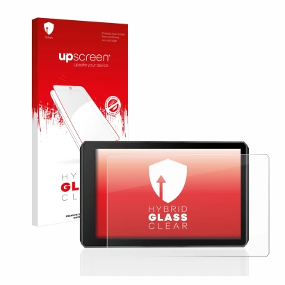 Parte frontale di una confezione del prodotto con il logo del marchio upscreen. Accanto è raffigurato il dispositivo Garmin zu