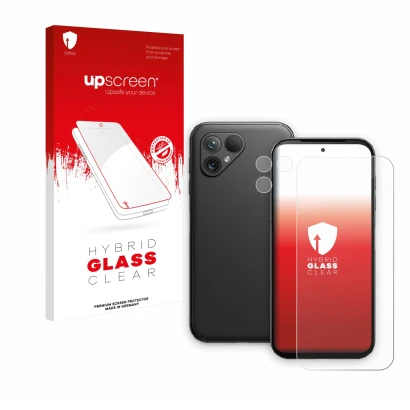 Parte frontale di una confezione del prodotto con il logo del marchio upscreen. Accanto è raffigurato il dispositivo Fairphone