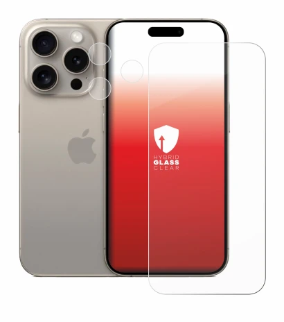 Immagine del dispositivo Apple iPhone 15 Pro (Fronte+Fotocamera) con un'ampia varietà di protezioni per lo schermo.