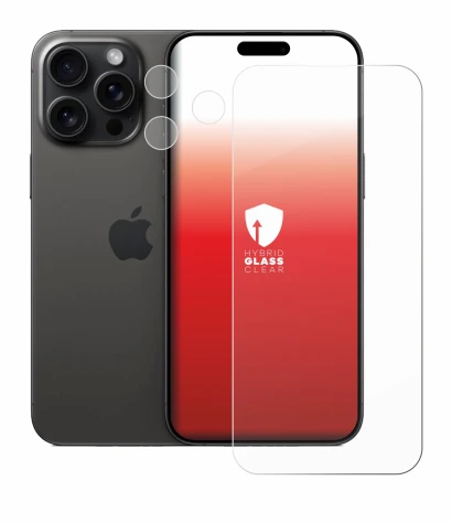 Immagine del dispositivo Apple iPhone 15 Pro Max (Fronte+Fotocamera) con un'ampia varietà di protezioni per lo schermo.