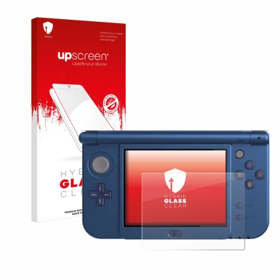 Parte frontale di una confezione del prodotto con il logo del marchio upscreen. Accanto è raffigurato il dispositivo Nintendo 