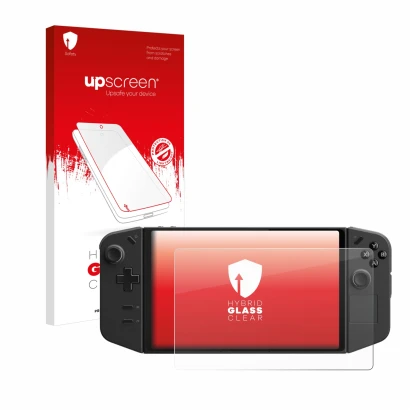 Parte frontale di una confezione del prodotto con il logo del marchio upscreen. Accanto è raffigurato il dispositivo Lenovo Le