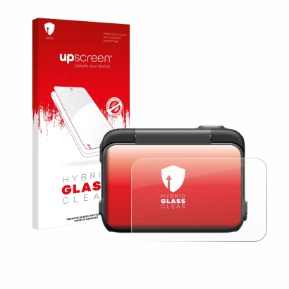 Parte frontale di una confezione del prodotto con il logo del marchio upscreen. Accanto è raffigurato il dispositivo Insta360 