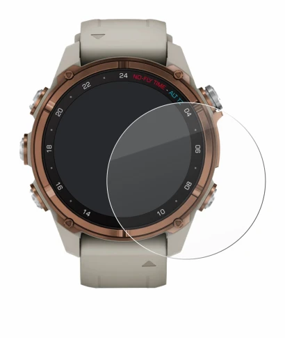Immagine del dispositivo Garmin Descent Mk3 (43 mm) con un'ampia varietà di protezioni per lo schermo.