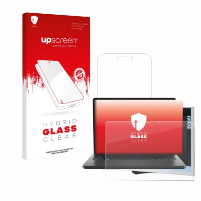 Parte frontale di una confezione del prodotto con il logo del marchio upscreen. Accanto è raffigurato il dispositivo ASUS ROG 