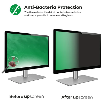 Dispositivo con pellicola protettiva upscreen: Prima – molti batteri, dopo – pulito. "Anti-Bacteria Protection".
