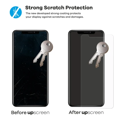 2 smartphones – één met upscreen, één zonder. Bij elk liggen 2 sleutels. De smartphone zonder upscreen is sterk bekrast, die m