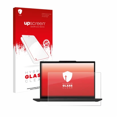 Parte frontale di una confezione del prodotto con il logo del marchio upscreen. Accanto è raffigurato il dispositivo Lenovo Th