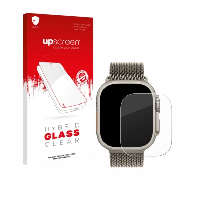 Parte frontale di una confezione del prodotto con il logo del marchio upscreen. Accanto è raffigurato il dispositivo Apple Wat