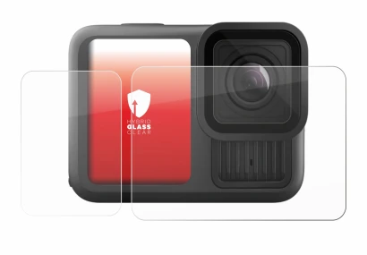 Immagine del dispositivo GoPro Hero 13 Black con un'ampia varietà di protezioni per lo schermo.