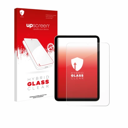 Parte frontale di una confezione del prodotto con il logo del marchio upscreen. Accanto è raffigurato il dispositivo Apple iPa