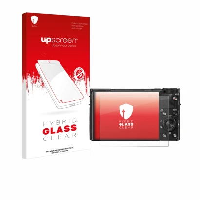 Parte frontale di una confezione del prodotto con il logo del marchio upscreen. Accanto è raffigurato il dispositivo Sony Cybe