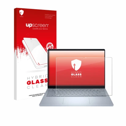 Parte frontale di una confezione del prodotto con il logo del marchio upscreen. Accanto è raffigurato il dispositivo Dell 14 P